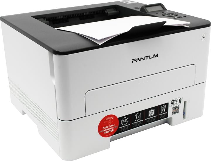 Лазерный монохромный принтер Pantum P3300DW, Printer, Mono laser, A4, 33 ppm (max 60000 p/mon), 350 MHz, 1200x1200 dpi, 256 MB RAM, PCL/PS, Duplex, paper tray 250 pages, USB, LAN, WiFi, start. cartridge 1500 pages (grey)