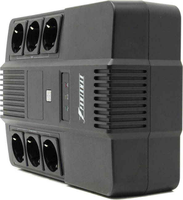 ИБП POWERMAN Brick 600, линейно-интерактивный, 600ВА, 360Вт, 3 евророзетки с резервным питанием, 3 евророзетки с фильтрацией, защита RJ45/RJ11, батарея 12В 7Ач 1 шт., 293мм х 202мм х 93мм, 4.5 кг./ UPS POWERMAN Brick 600, line-interactive, 600VA, 360W, 3