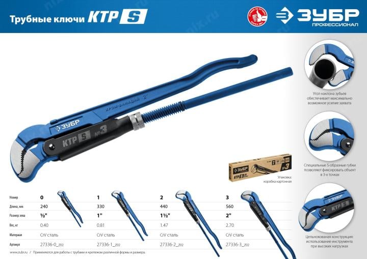Зубр <27336-3_z02> ЗУБР КТР-S, №3, ключ трубный, изогнутые губки