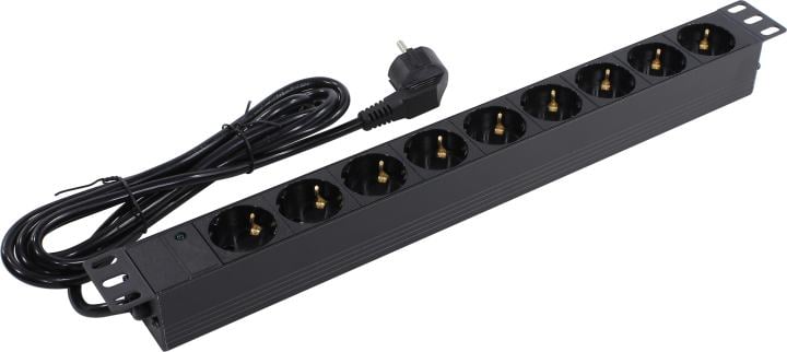 Блок розеток горизонтальный ExeGate ServerPro PDU-19H904 Al-9S-EU2.5, 19", 1U, Алюминий, 9 Schuko, кабель с евровилкой VDE-250V-16A-3*1.5мм2, 2.5 метра, черный