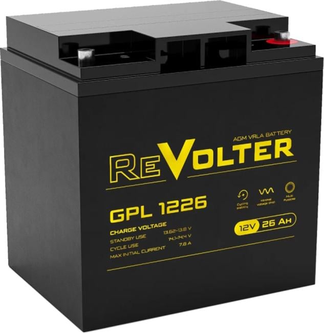 Аккумуляторная батарея REVOLTER (DELTA) GPL 1226 (12В/26Ач, Тип: AGM, Клемма: Болт М5, ДхШхВ: 166x126x174мм (Полная высота: 175мм), срок службы: 10 лет, Гарантия: 1г, вес: 9кг) (GPL 1226)