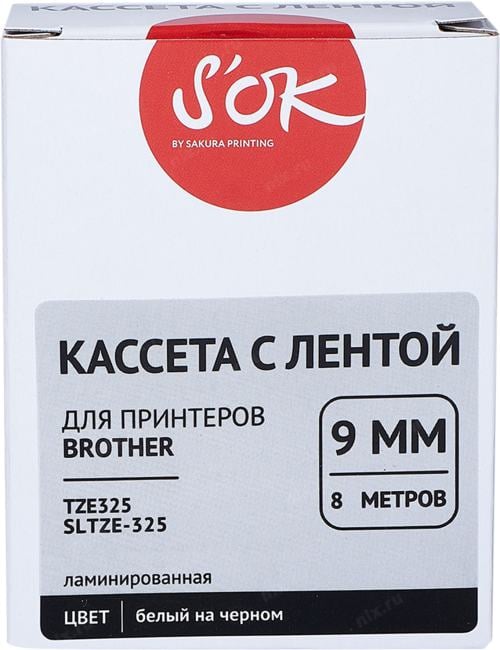 SLTZE325 S'OK TZE325 для Brother, белый на черном, 9мм/8м, наклейка