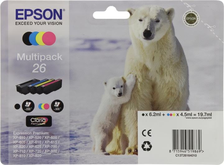 EPSON C13T26164010  Картридж для Epson Expression Premium XP-600, 605, 700, 800, Набор из 4 Цветов, 26 4clr Pig BK, CY, MA, YE (cons ink)