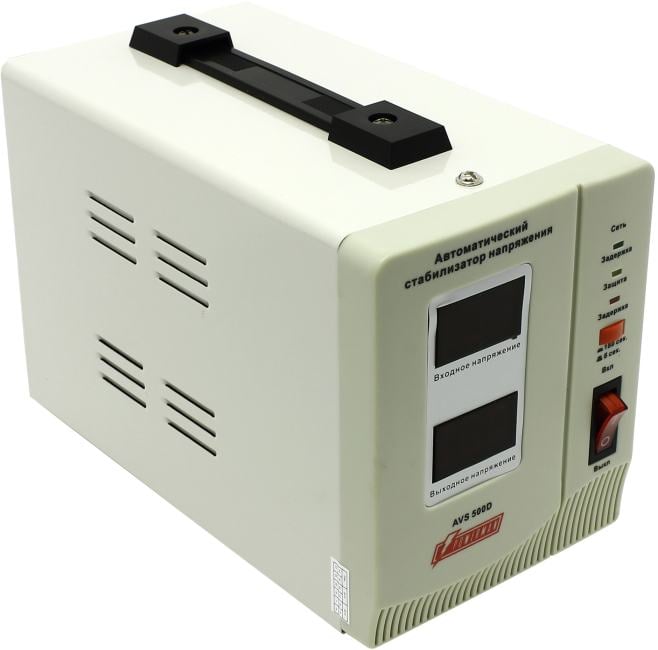 Стабилизатор POWERMAN AVS 500D, ступенчатый регулятор, цифровые индикаторы уровней напряжения, 500ВА, 140-260В, максимальный входной ток 5А, 2 евророзетки, IP-20, напольный, 200мм х 150мм х 140мм, 2,3 кг./ Stabilizer POWERMAN AVS 500D, step-type regulator