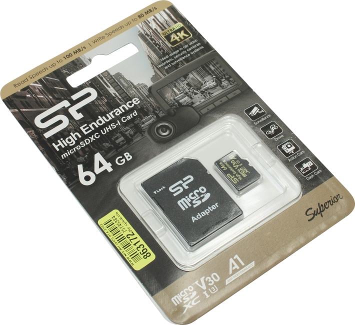 Silicon Power <SP064GBSTXDV3V1HSP> microSDXC Memory Card 64Gb UHS-I U3 V30 A1 +  microSD-->SD  Adapter