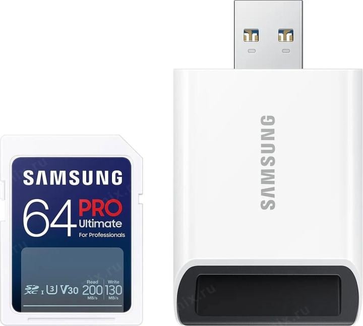 Флеш карта SDXC 64GB Samsung PRO  Ultimate,  W130МБ/с,  R200МБ/с, <MB-SY64S/WW>