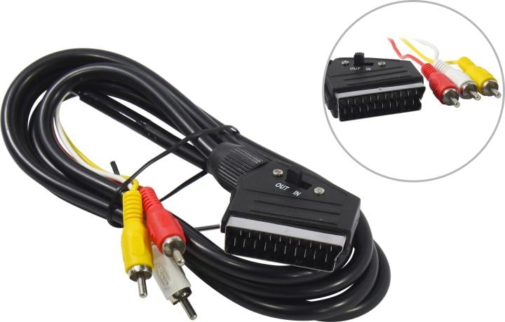 Кабель аудио/видео SCART->3xRCA plug, 1.8 м, с переключ. вход-выход, Cablexpert (CCV-519-001)