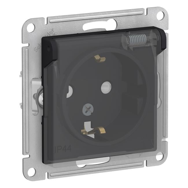 Schneider Electric ATN441046 ATLASDESIGN AQUA РОЗЕТКА с заземл. со шт. с прозрач.  крышк, 16А,IP44, мех,КАРБОН
