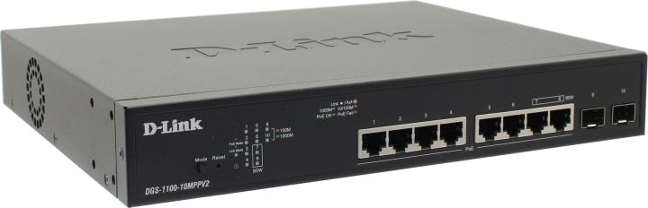 DGS-1100-10MPPV2/A3A - Коммутатор, D-Link, DGS-1100-10MPPV2/A3A, Настраиваемый L2 коммутатор с 8 портами 10/100/1000Base-T и 2 портами 1000Base-X SFP (порты 1–8 PoE 802.3af/at, порты 7–8 PoE 802.3bt, PoE-бюджет 242 Вт), стоечный