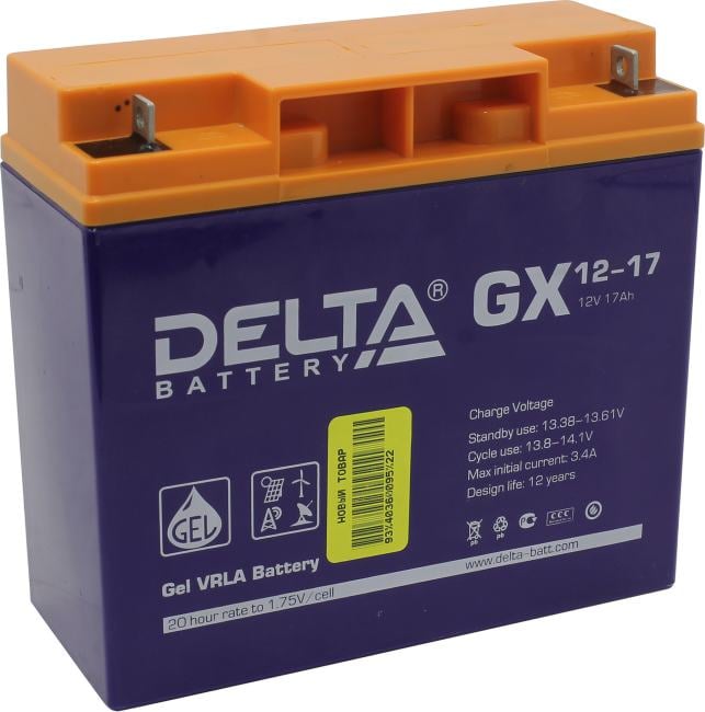 Батарея DELTA серия GX, GX 12-17, напряжение 12В, емкость 17Ач (разряд 20 часов),  макс. ток разряда (5 сек.) 225А, макс. ток заряда 3.36А, свинцово-кислотная типа GEL, клеммы под гайку и болт M6, ДxШxВ 181х77х167мм., вес 5.5кг., срок службы 15 лет./ Battery DELTA series GX, GX 12-17, voltage 12V, capacity 17Ah (discharge 20 hours), max. discharge current (5 sec.) 225A, max. charge current 3.36A, lead-acid type GEL, terminals for nut and bolt M6, LxWxH 181x77x167mm., weight 5.5kg., service life 