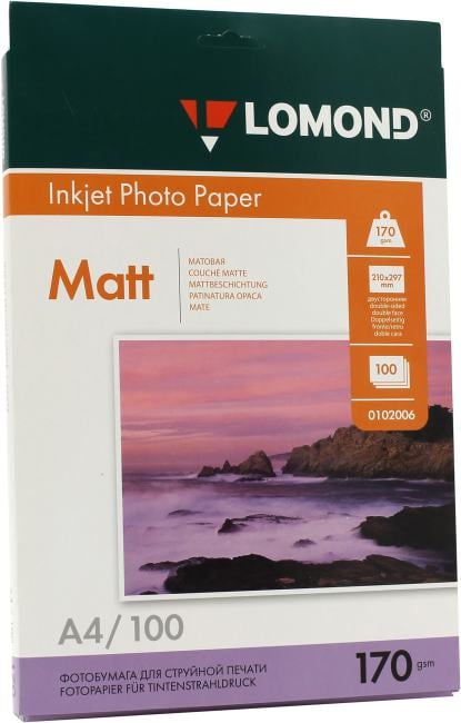 Фотобумага LOMOND для струйной печати, А4, 170 г/м2, 100 л., двухсторонняя матовая, 0102006