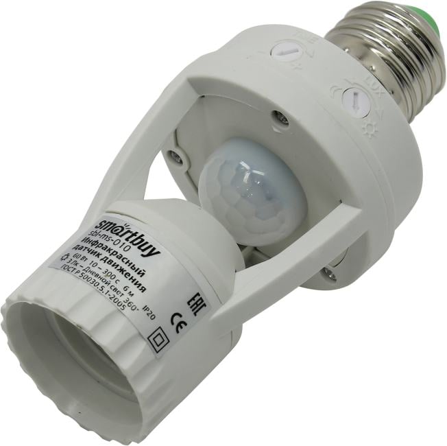 Датчик движенияSmartbuy Инфракрасный, в патрон E27, 60Вт, до 6м, IP20 sbl-ms-010