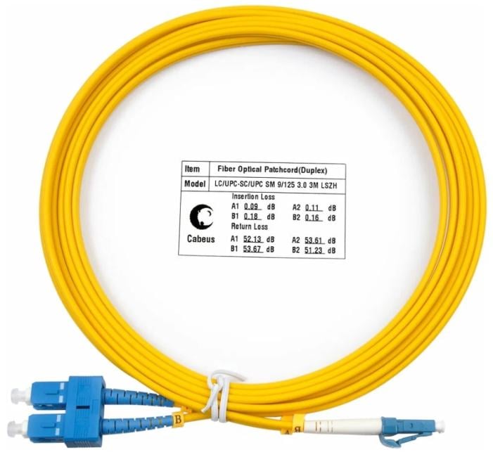 FOP(d)-9-LC-SC-3m Коммутационный шнур оптический Cabeus tight buffer Duplex SC/LC (UPC/UPC) OS2 9/125 LSZH D 3мм 3м цвет: жёлтый
