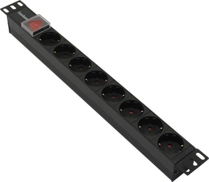 Блок розеток горизонтальный ExeGate ServerPro PDU-19H801 Al-8S-C14-SW, 19", 1U, Алюминий, 8 Schuko, С14, выкл. с подсветкой, черный