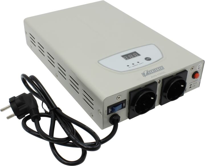 Стабилизатор POWERMAN AVS 1500S, ступенчатый регулятор, цифровые индикаторы уровней напряжения, 1500ВА, 140-260В, максимальный входной ток 12А, 2 евророзетки, IP-20, навесного исполнения, 310мм х 200мм х 68мм, 4,36 кг./ Stabilizer POWERMAN AVS 1500S, step