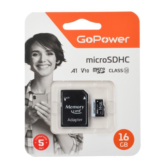 GoPower 00-00025674 Карта памяти microSD GoPower 16GB Class10 60 МБ/сек V10 с адаптером