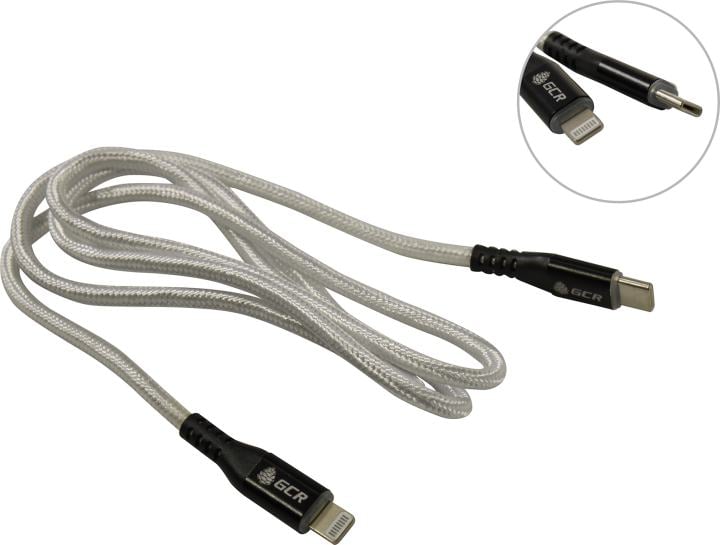 Кабель GCR 1.0m TypeC/Lightning MFI POWER DELIVERY 18 W, быстрая зарядка, белый нейлон, корпус черный, GCR-53188