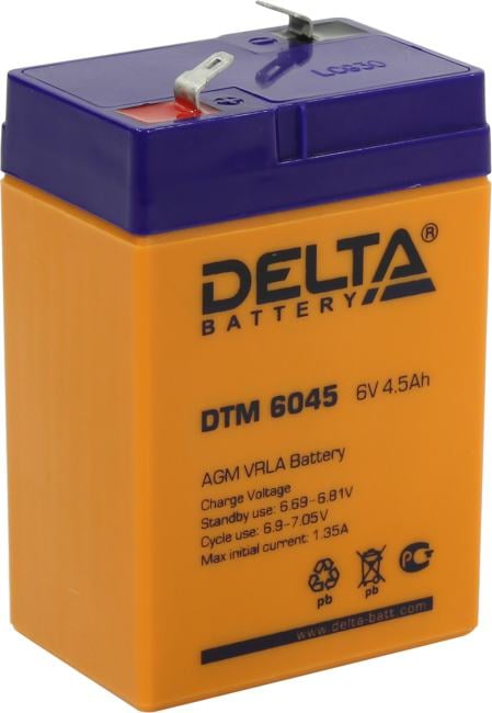 Батарея DELTA серия DTM, DTM 6045, напряжение 6В, емкость 4.5Ач (разряд 20 часов),  макс. ток разряда (5 сек.) 67.5А, макс. ток заряда 1.32А, свинцово-кислотная типа AGM, клеммы F1, ДxШxВ 70х47х101мм., вес 0.78кг., срок службы 6 лет./ Battery DELTA series DTM, DTM 6045, voltage 6V, capacity 4.5Ah (discharge 20 hours), max. discharge current (5 sec.) 67.5A, max. charge current 1.32A, lead-acid type AGM, terminals F1, LxWxH 70x47x101mm., weight 0.78kg., service life 6 years.