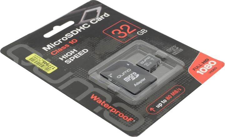 Флеш карта QUMO MicroSDHC 32Gb Сlass 10, адаптер в комплекте SD, черно-красная картонная упаковка