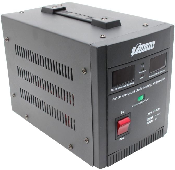 Стабилизатор POWERMAN AVS 1500D, ступенчатый регулятор, цифровые индикаторы уровней напряжения, 1500ВА, 140-260В, максимальный входной ток 10А, 2 евророзетки, IP-20, напольный, 200мм х 160мм х 190мм, 4 кг./ Stabilizer POWERMAN AVS 1500D, step-type regulat