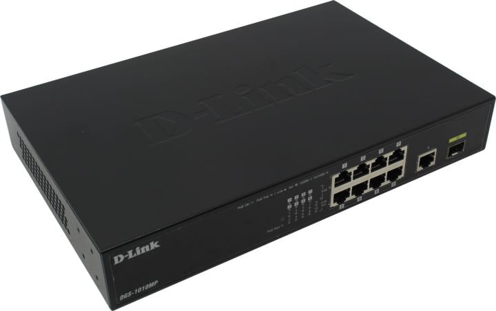 Коммутатор D-Link DGS-1010MP/A1A Неуправляемый коммутатор с 9 портами 10/100/1000Base-T, 1 портом 1000Base-X SFP, функцией энергосбережения и поддержкой QoS (8 портов с поддержкой PoE 802.3af/802.3at (30 Вт), RTL {5} (439872)