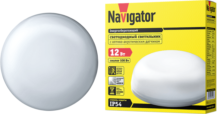 Светильник светодиодный Navigator ДБП-12w с оптико-акустическим датчиком 4000K 900Лм круглый пластиковый IP54 белый