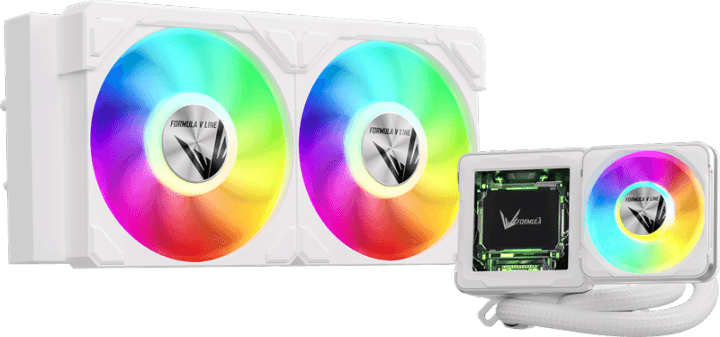Система жидкостного охлаждения Formula V Line Cryo Wing Digi 240 WH, 240мм, LCD 2.73", 2x120мм, ARGB fans, LGA115X/1200/1700/1851/1366/2011/2066, AM3/AM4/AM5/Ryzen3/Ryzen5/Ryzen7/Threadripper/RT4