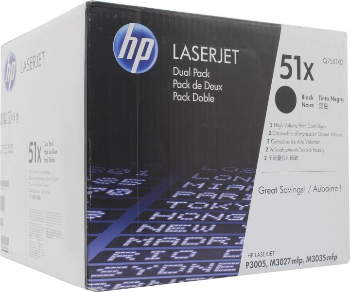 (Спец.цена) Оригинальный картридж HP Q7551XD (51X) для принтера HP LaserJet P3003dn/ P3003x/ P3004/ P3004d/ P3004n/ P3005/ P3005d/ P3005dn/ P3005n/ P3005x/ M3027/ M3027x/ M3035/ M3035xs black, двойная упаковка 2*13000 страниц