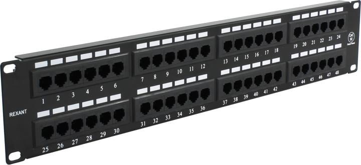 Патч-панель Rexant 19", 2U, 48 портов RJ-45, категория 5e, UTP неэкранированная, черная
